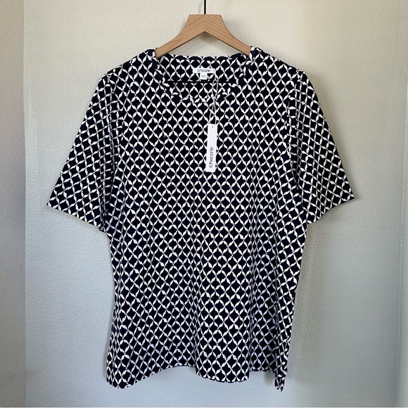CHICO’S NWT XL 3 Cool Ikat Cotton Crew Neck Tee • Diamond Print Classic Navy - Picture 3 of 12